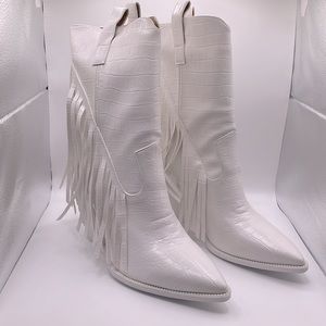 ISNOM White Fringe Cowboy Boot
